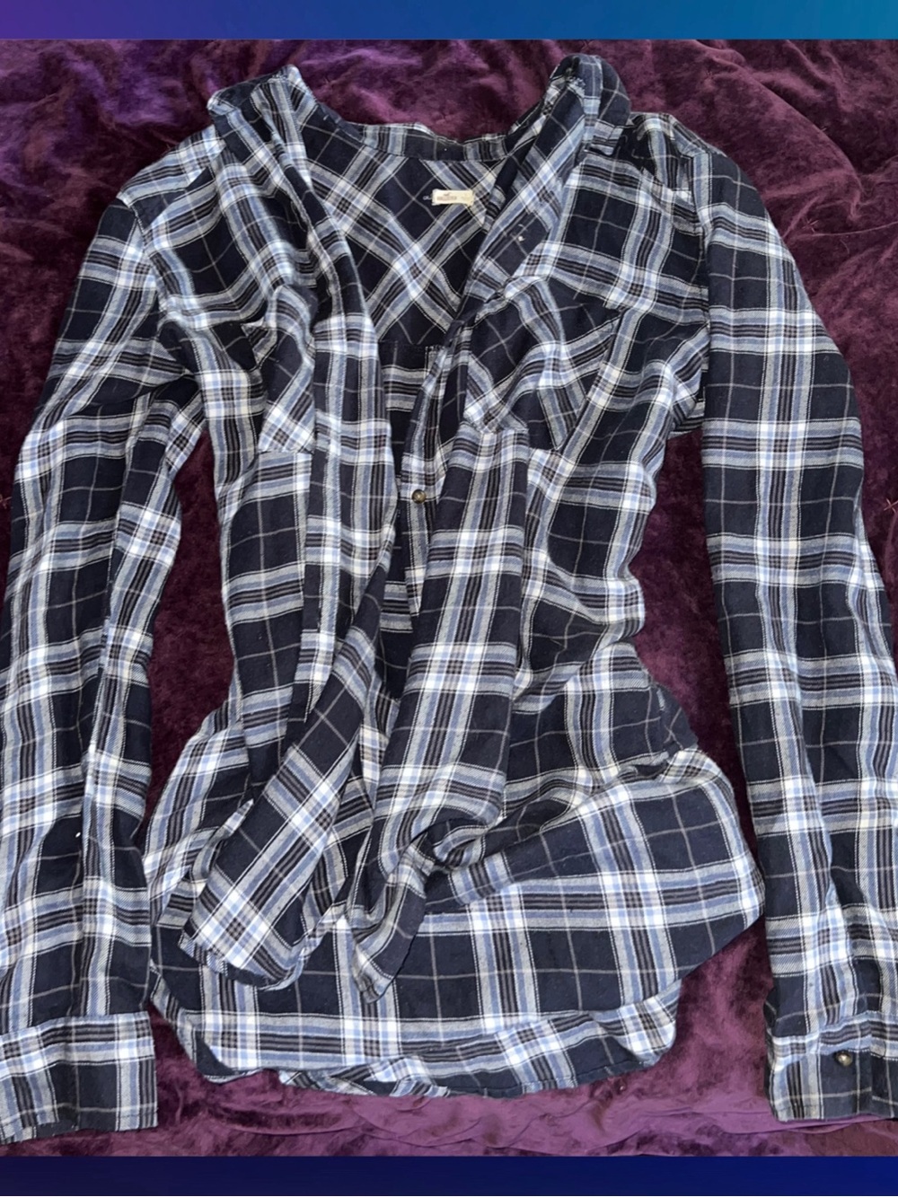 Hollister Womens Navy Blue Plaid Flannel Button Up Top Blouse